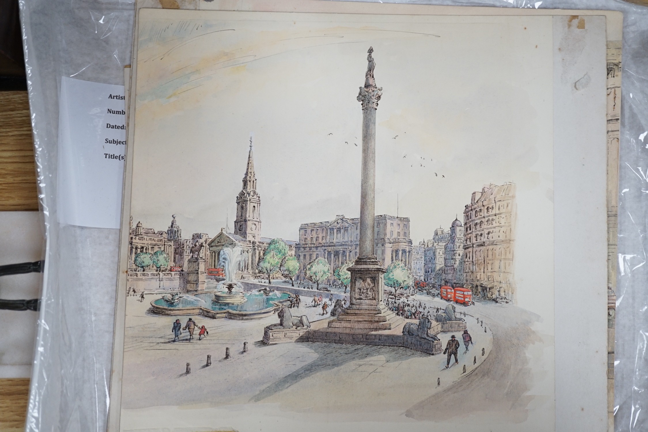 Adeline Margery Barker (1888–1970), set of four ink and watercolour designs for artwork, London street scenes, 31 x 31cm, unframed
